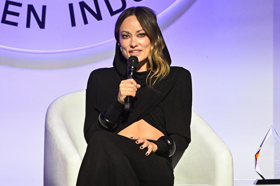 Olivia Wilde speaks onstage at the Women In Film Honors Celebrating Women Forging Forward in Entertainment held at the Beverly Hilton on October 27, 2022 in Beverly Hills, California.