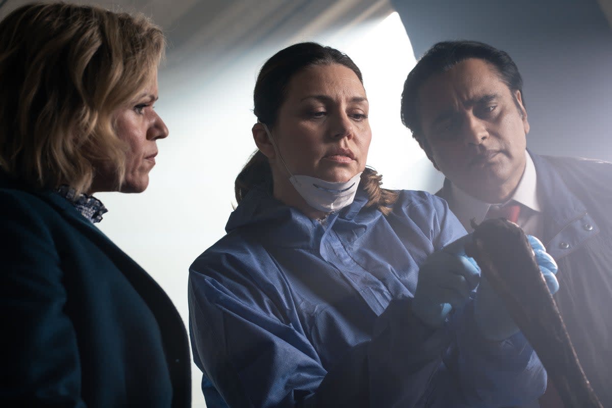 From L-R: Sinéad Kennan, Georgia Mackenzie, Sanjeev Bhaskar (ITV)