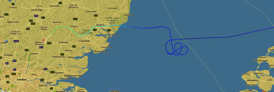 The track on FlightRadar24 of Ryanair flight FR2145, flying from Lithuania to Luton, which has been escorted into Stansted Airport by RAF jets. (PA Images)