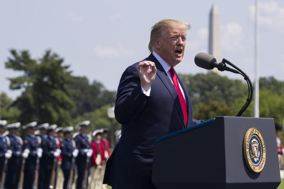 FILE - In this July 25, 2019, file phot, President Donald Trump speaks during a ceremony for new Secretary of Defense Mark Esper at the Pentagon. If there was one day that crystallized all the forces that led to the impeachment investigation of President Donald Trump, it was July 25. That was the day of his phone call with Ukraine’s new leader, pressing him for a political favor. (AP Photo/Alex Brandon, File)