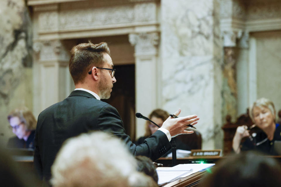 Mark Gaber addresses the Wisconsin Supreme Court in a redistricting hearing at the Wisconsin state Capitol Building in Madison, Wis.,on Tuesday, Nov. 21, 2023. (Ruthie Hauge/The Capital Times via AP, Pool)