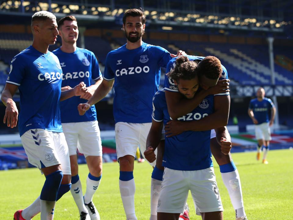 Everton players celebrate in the win over West Brom (POOL/AFP via Getty Images)