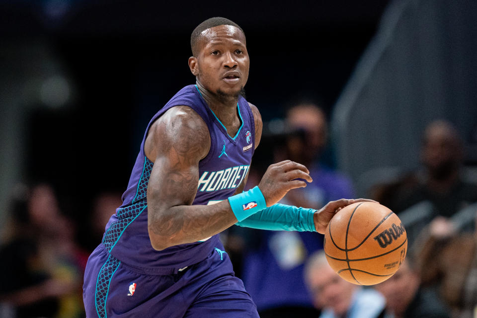 CHARLOTTE, NORTH CAROLINA - JANUARY 20: Terry Rozier #3 of the Charlotte Hornets brings the ball up court against the Philadelphia 76ers during their game at Spectrum Center on January 20, 2024 in Charlotte, North Carolina. NOTE TO USER: User expressly acknowledges and agrees that, by downloading and or using this photograph, User is consenting to the terms and conditions of the Getty Images License Agreement. (Photo by Jacob Kupferman/Getty Images)