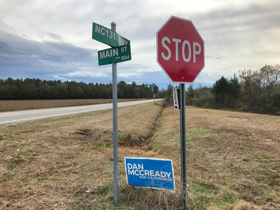 A Dan McCready campaign sign still stands along N.C. 131 near the Bladen County town of Tar Heel, N.C. (Carli Brousseau/Raleigh News)