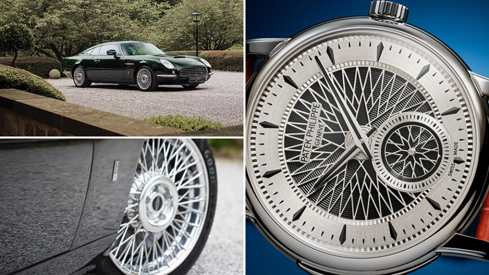 The spokes of Stern's David Brown Speedback GT, an example of which is shown on the left, inspired the dial of Patek Philippe's Fortissimo model.