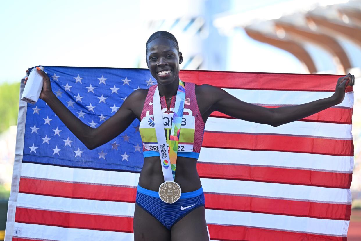 Gold medalist Athing Mu of Team United States celebrates after the Women's 800m final at the 18th edition of the World Athletics Championships at Hayward Field in Eugene, Oregon, United States on July 24, 2022.