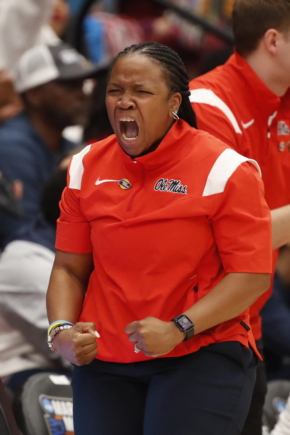 Mississippi head coach Yolett McPhee-McCuin reacts in the first half of a first-round college basketball game in the women's NCAA Tournament against Gonzaga in Stanford, Calif., Friday, March 17, 2023. (AP Photo/Josie Lepe)