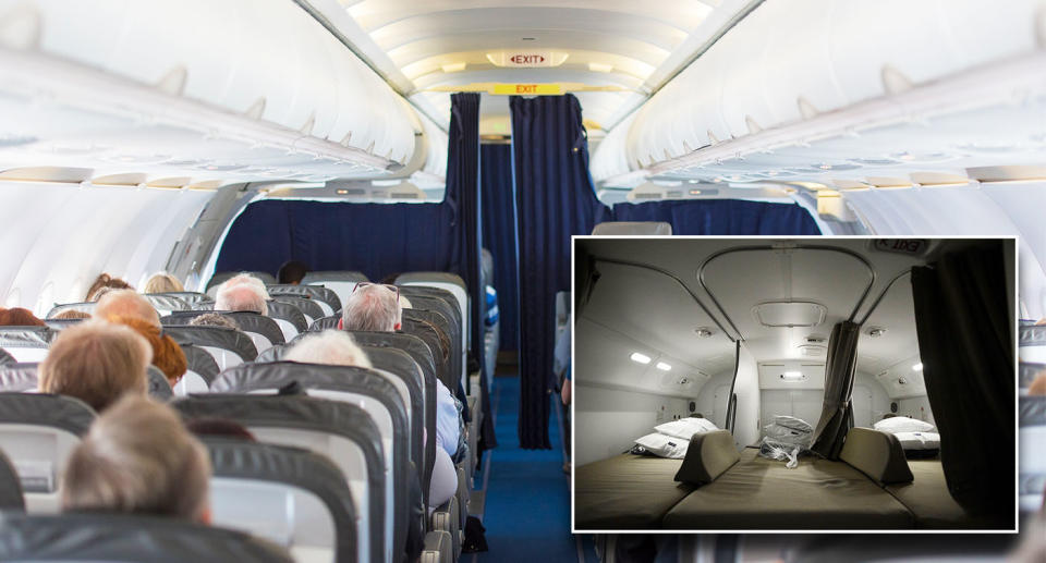 Plane passengers sitting on a plane. Where flight attendants sit sleep on a plane