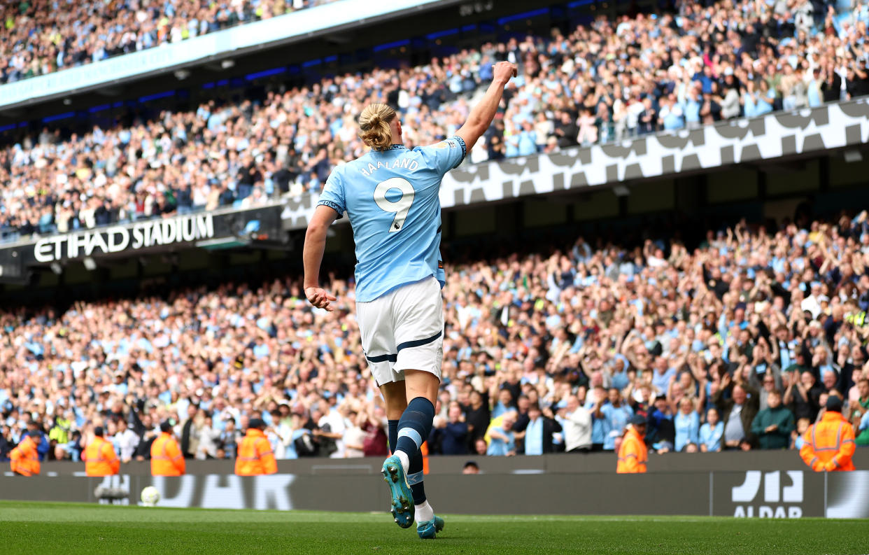 MANCHESTER, ENGLAND - SEPTEMBER 14: Erling Haaland of Manchester City celebrates scoring his team's second goal during the Premier League match between Manchester City FC and Brentford FC at Etihad Stadium on September 14, 2024 in Manchester, England. (Photo by Naomi Baker/Getty Images)