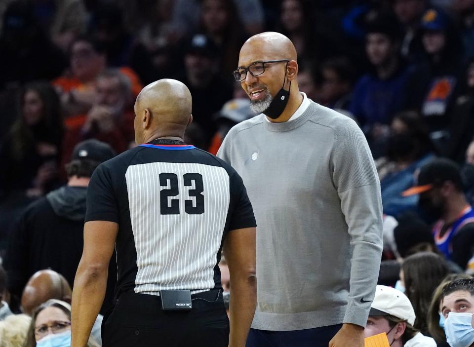 Phoenix Suns head coach Monty Williams, right, argues a foul called against the Suns with referee Tre Maddox (23) during the second half of an NBA basketball game Thursday, Dec. 16, 2021, in Phoenix. The Suns won 118-98. (AP Photo/Ross D. Franklin)