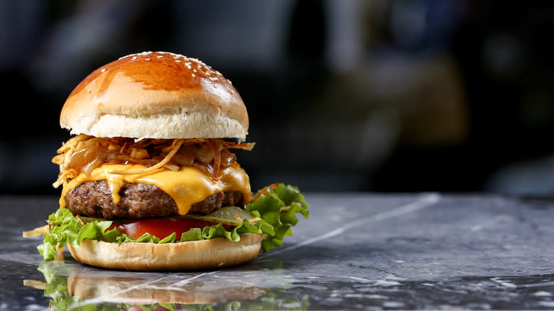 Homemade hamburger on countertop