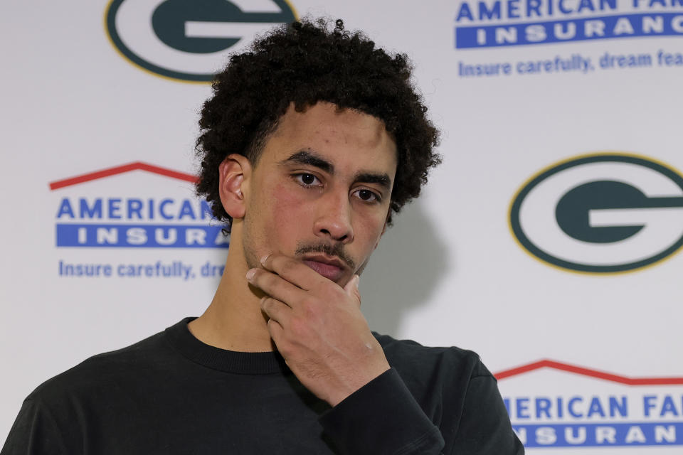 Green Bay Packers quarterback Jordan Love answers questions during a news conference after playing against the New York Giants in an NFL football game, Monday, Dec. 11, 2023, in East Rutherford, N.J. (AP Photo/Adam Hunger)