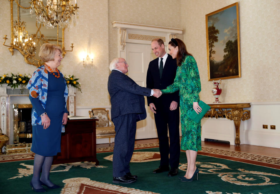 The Duke and Duchess of Cambridge meet with the President of Ireland, Michael D. Higgins and his wife Sabina Coyne at Aras an Uachtarain, Dublin, during their three day visit to the Republic of Ireland.