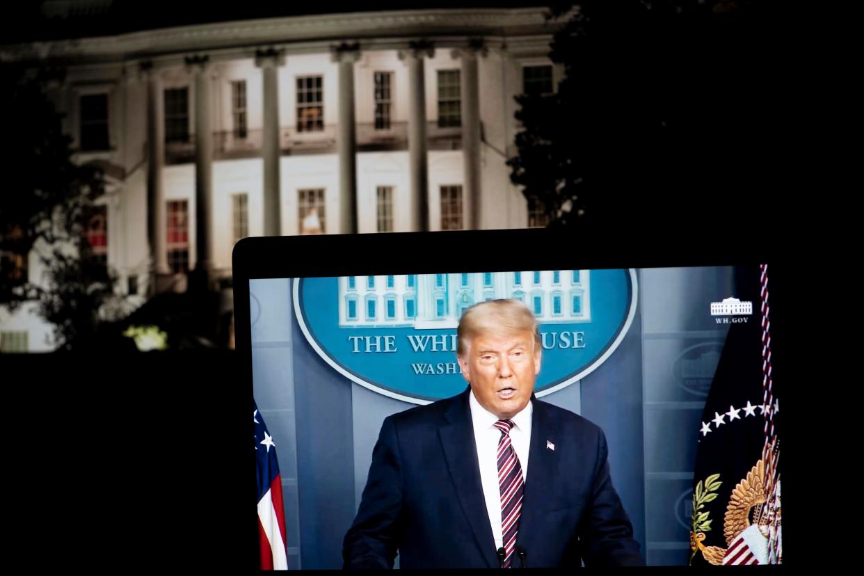 WASHINGTON, D.C., Nov. 5, 2020 -- Photo taken in Arlington, Virginia, the United States, on Nov. 5, 2020 shows the live stream of U.S. President and Republican presidential nominee Donald Trump attending a press conference at the White House in Washington, D.C., the United States.   U.S. President and Republican presidential nominee Donald Trump said on Thursday he expects "a lot of litigation" over the 2020 election. (Photo by Liu Jie/Xinhua via Getty) (Xinhua/Liu Jie via Getty Images)