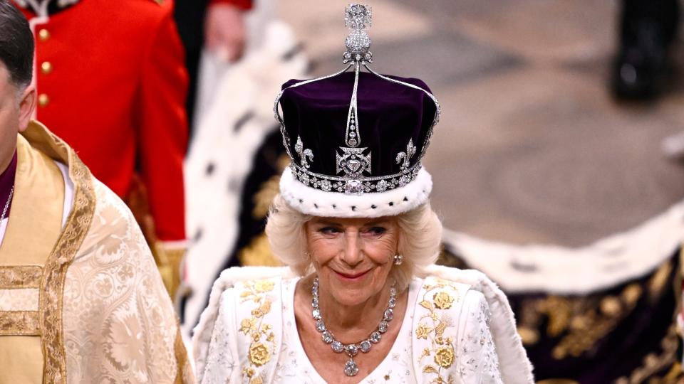 LONDON, ENGLAND - MAY 06: Queen Camilla departs the Coronation service of King Charles III and Queen Camilla at Westminster Abbey on May 06, 2023 in London, England. The Coronation of Charles III and his wife, Camilla, as King and Queen of the United Kingdom of Great Britain and Northern Ireland, and the other Commonwealth realms takes place at Westminster Abbey today. Charles acceded to the throne on 8 September 2022, upon the death of his mother, Elizabeth II.