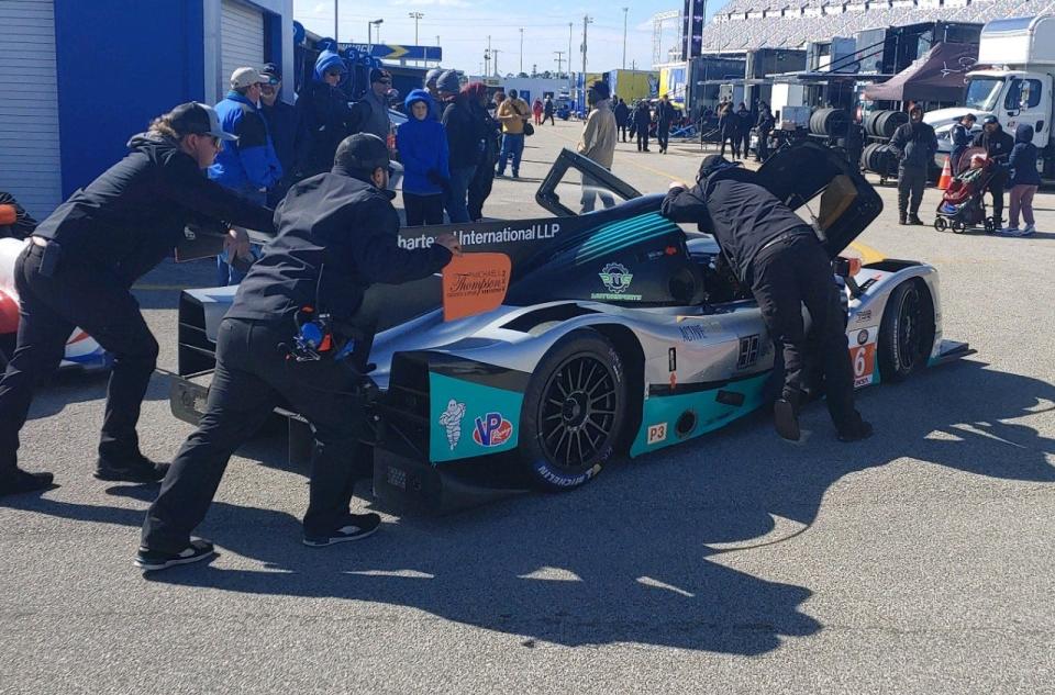 The No. 6 Ligier, driven to Saturday's VP Challenge win by Steven Aghakhani, is pushed through the garage prior to Sunday's second 45-minute VP race.