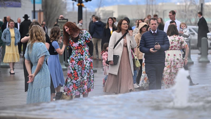Thousands begin gathering at the Conference Center for the 194th Annual General Conference of The Church of Jesus Christ of Latter-day Saints in Salt Lake City on Saturday, April 6, 2024.