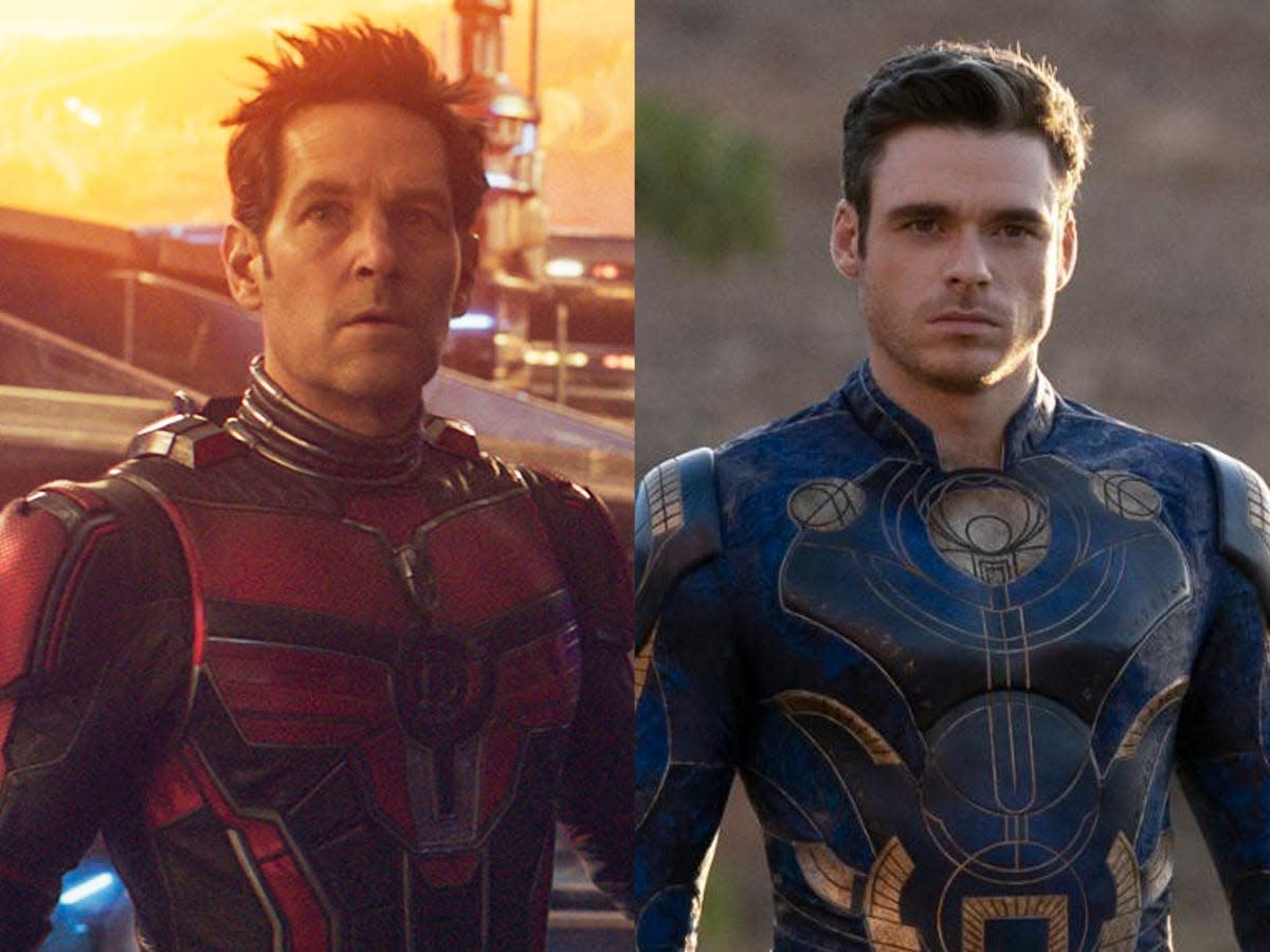 Paul Rudd as Ant-Man in "Ant-Man and the Wasp: Quantumania" and Richard Madden as Ikaris in "Eternals."