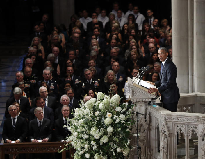 <p> Former President Barack Obama speaks at a memorial service for Sen. John McCain, R-Ariz., at Washington National Cathedral in Washington, Saturday, Sept. 1, 2018. McCain died Aug. 25, from brain cancer at age 81. (AP Photo/Pablo Martinez Monsivais) </p>