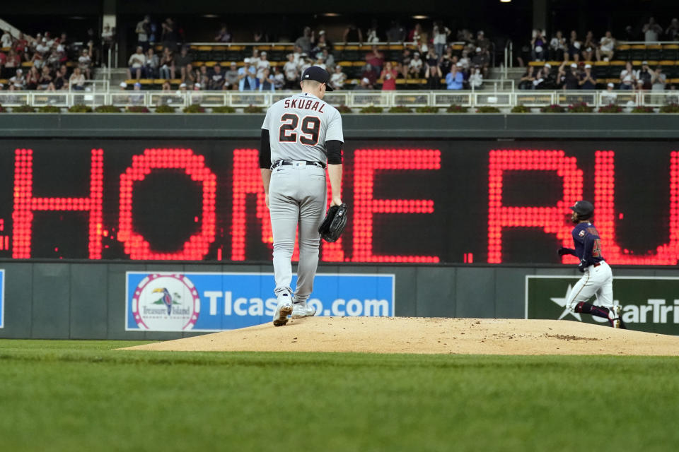 Detroit Tigers pitcher Tarik Skubal (29) reacts as Minnesota Twins' Byron Buxton, back right, rounds the bases on a solo home run off Skubal in the first inning of a baseball game, Thursday, Sept. 30, 2021, in Minneapolis. (Photo by Jim Mone)