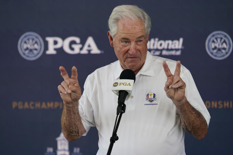 Dave Stockton speaks during a news conference at the PGA Championship golf tournament, Wednesday, May 18, 2022, in Tulsa, Okla. (AP Photo/Sue Ogrocki)