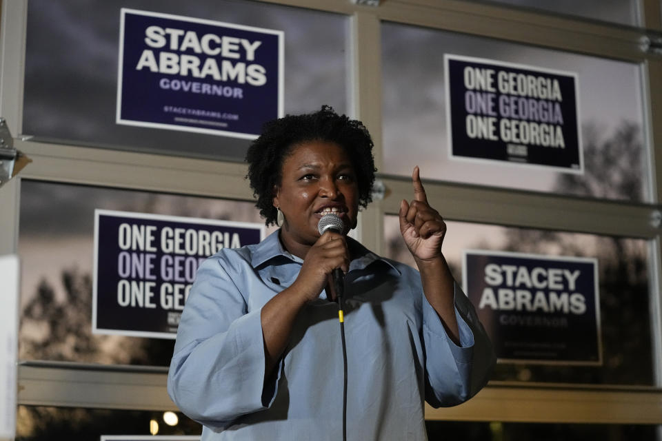 FILE - Democratic candidate for Georgia governor Stacey Abrams speaks to volunteers during an election eve phone and text bank party, Nov. 7, 2022, in Atlanta. Howard University in Washington announced Wednesday, April, 5, 2023, that Abrams would be joining its faculty. (AP Photo/John Bazemore, File)