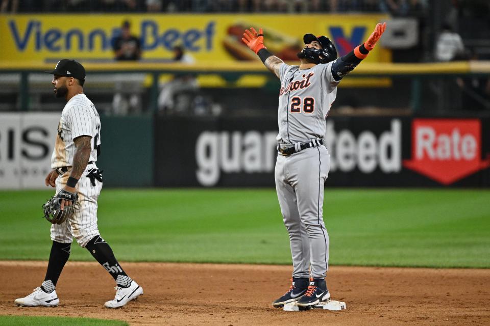 Tigers shortstop Javier Baez takes in the reaction of the crowd after hitting a two-run double in the seventh inning on Friday, July 8, 2022, in Chicago.