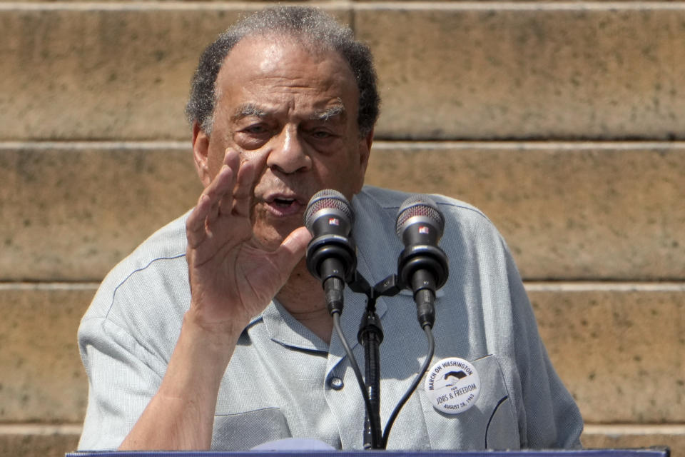 Civil rights activist Andrew Young speaks at the 60th Anniversary of the March on Washington at the Lincoln Memorial in Washington, Saturday, Aug. 26, 2023. (AP Photo/Andrew Harnik)