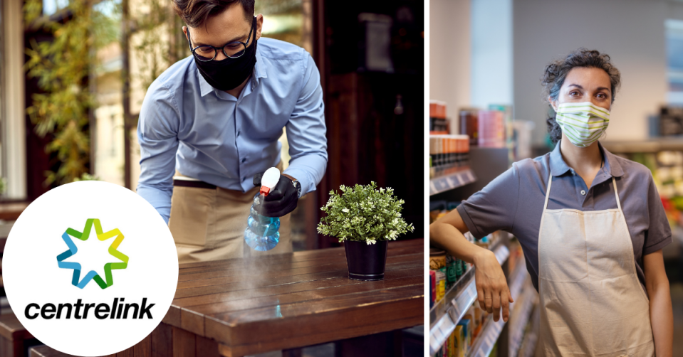 Two workers wearing masks, one cleaning a table in a restaurant and the other leaning on the shelves on a grocery store.