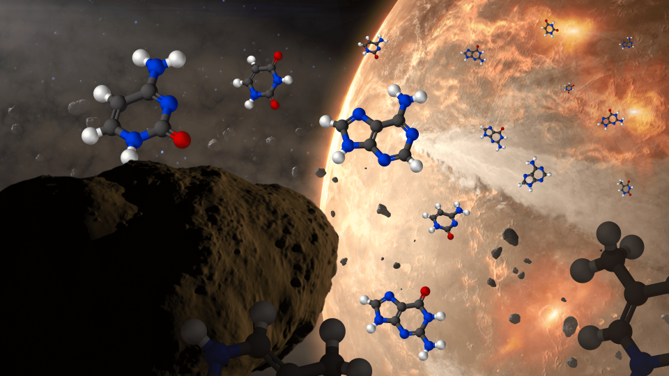 Conceptual image of meteoroids delivering nucleobases to ancient Earth. The nucleobases are represented by structural diagrams with hydrogen atoms as white spheres, carbon as black, nitrogen as blue and oxygen as red.