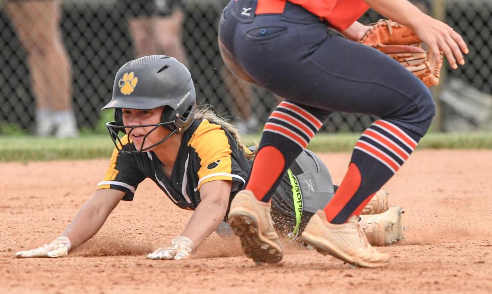 Crescent senior Emily Blackwell (4) steals second base near Chapman High senior Sarah Byrd (12) in the AAA Upper State Championship in Iva, S.C. Friday, May 19, 2023.