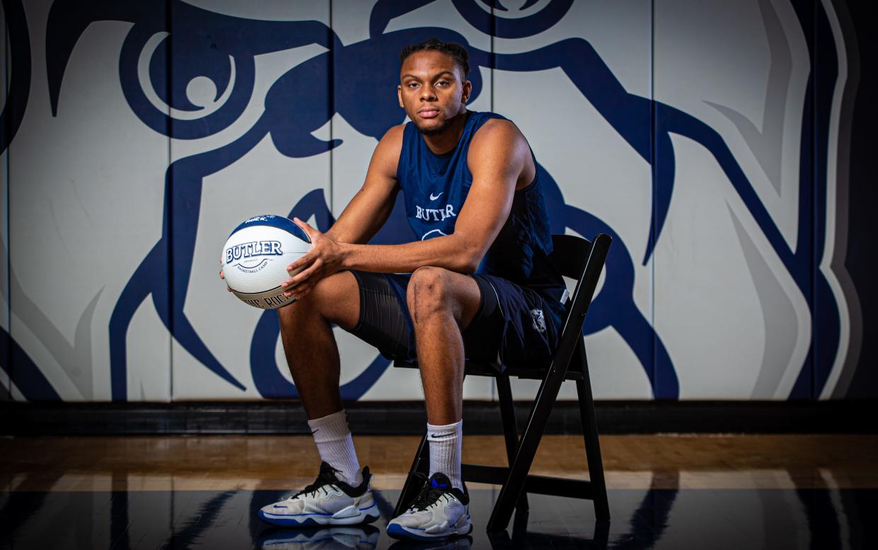 Butler University basketball player Augusto Cassia at Media Day on Wednesday, Oct. 17, 2023, in the Butler University practice gym in Indianapolis.