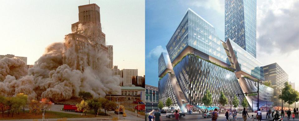 The implosion of the J.L. Hudson department store in downtown Detroit in October 1998, left and the rendering of the proposed building on the Hudson's site in downtown Detroit.