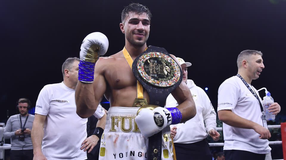 Fury celebrates after defeating Jake Paul in Riyadh, Saudi Arabia. - AP