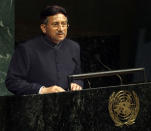 FILE - Pakistani President Gen. Pervez Musharraf addresses the U.N. General Assembly on Nov. 10, 2001, at the United Nations headquarters in New York. An official said Sunday, Feb. 5, 2023, Gen. Pervez Musharraf, Pakistan military ruler who backed US war in Afghanistan after 9/11, has died. (AP Photo/Beth Keiser, File)