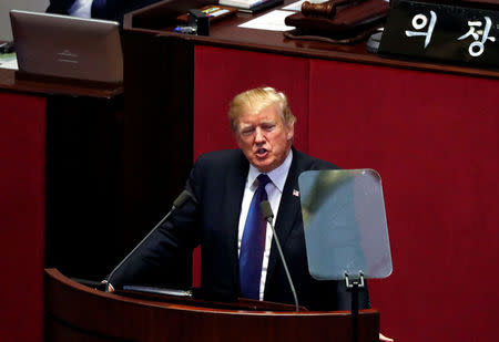 U.S. President Donald Trump speaks at the South Korean National Assembly in Seoul, South Korea, November 8, 2017. REUTERS/Jonathan Ernst