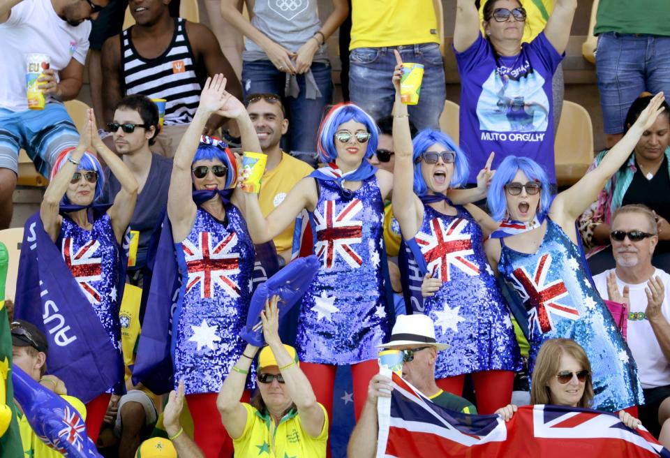 <p>Australia fans show support to their team during women’s water polo preliminary round match against Brazil at the 2016 Summer Olympics in Rio de Janeiro, Brazil, Saturday, Aug. 13, 2016. (AP Photo/Eduardo Verdugo) </p>