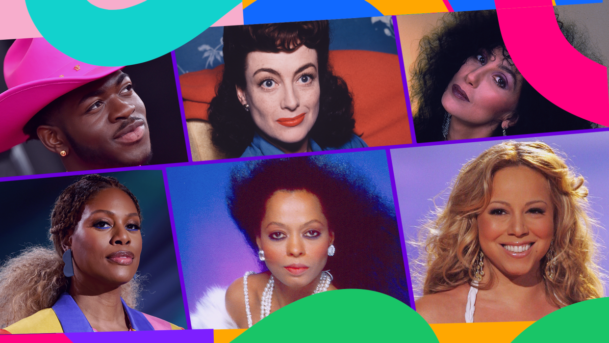 Gay icons through the ages, clockwise from top left: Lil Nas X, Joan Crawford, Cher, Mariah Carey, Diana Ross, Laverne Cox. (Photos: Getty Images; collage by Nathalie Cruz for Yahoo Life)
