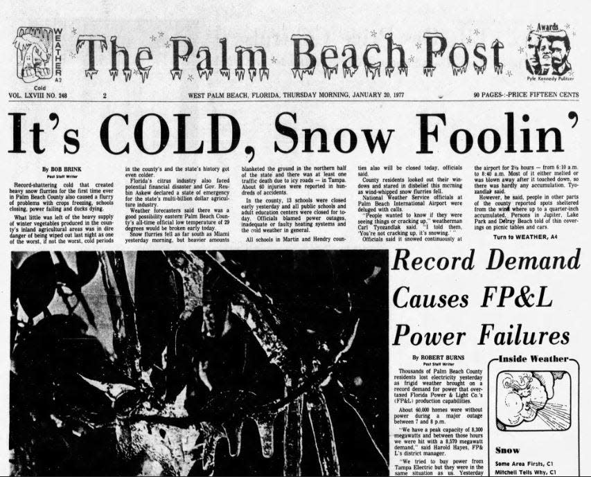 The front page of the Palm Beach Post the day after it snowed on Jan. 19, 1977.