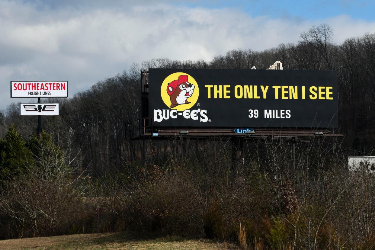 A Buc-ee's billboard that reads "The Only Ten I See" on Interstate 40 in Tennessee on Thursday, Dec. 28, 2023.