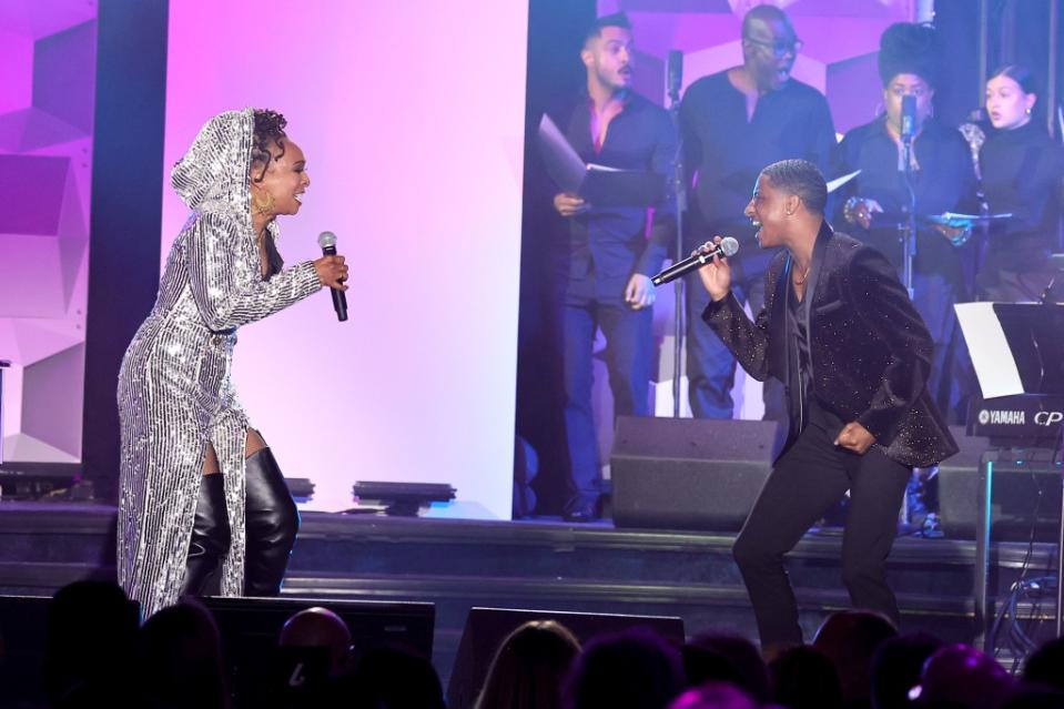 NEW YORK, NEW YORK - JUNE 15: (L-R) Siedah Garrett and Myles Frost perform onstage at the 2023 Songwriters Hall of Fame Induction and Awards Gala at the New York Marriott Marquis on June 15, 2023 in New York City. (Photo by Theo Wargo/Getty Images for Songwriters Hall of Fame)