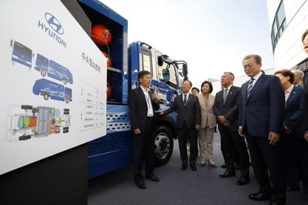 South Korean President Moon Jae-in gets a briefing at Hyundai Motor's Namyang R&D Center in Hwaseong