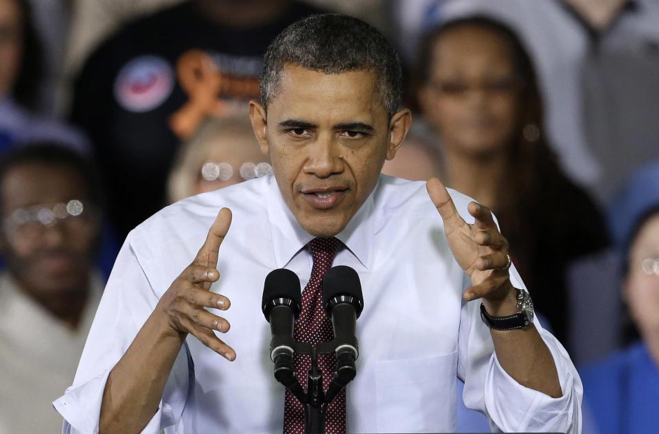  <p> President Barack Obama speaks to workers about the economy during a visit to Daimler Detroit Diesel in Redford, Mich., Monday, Dec. 10, 2012. The scene playing out on Capitol Hill is a familiar one as lawmakers with competing ideologies wage an 11th-hour battle to avert a predictable crisis. This one comes just a year after an equally divided Washington nearly let the country default on its loan obligations, a debt-ceiling debate that contributed to the electorate's deep lack of faith in their elected leaders and a drop in the nation’s credit rating. (AP Photo/Paul Sancya) </p>