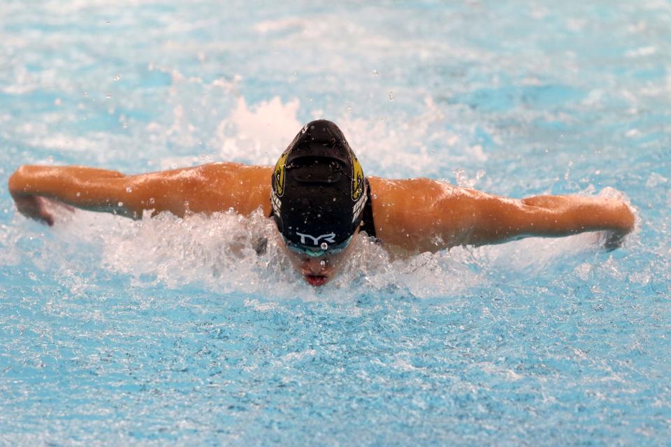 Corning's Angie McKane won the 100-yard butterfly at the Elmira Girls Swimming and Diving Invitational on Oct. 15, 2022 at Elmira's Ernie Davis Academy.