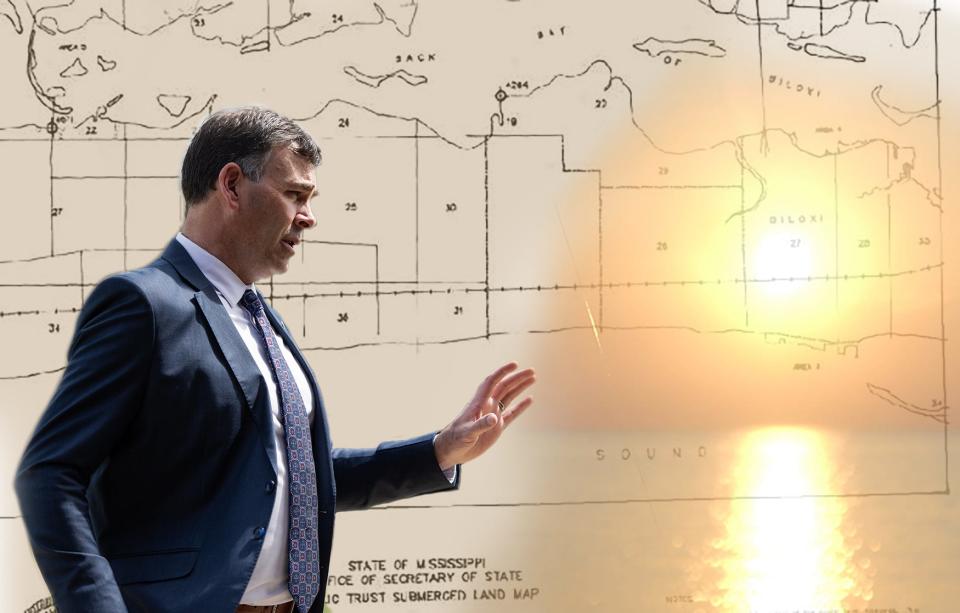 Shown is an illustration portraying Mississippi Secretary of State Michael Watson, the Mississippi Tidelands Act boundary map in Biloxi and the Mississippi coast. Due to several court cases successfully challenging the boundary of the Tidelands map, and the failure to pass relevant legislation in the 2024 session, Watson said certain provisions of the Tidelands Act can now be threatened.