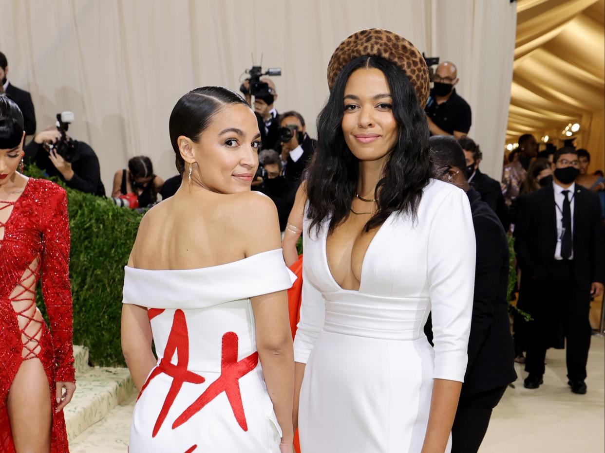 New York representative Alexandra Ocasio-Cortez attended the Met Gala event wearing a white gown with the text ‘Tax The Rich’ written on it  (Getty Images)