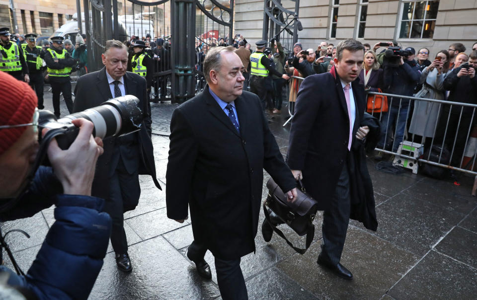 There was a substantial police and media prescence when Mr Salmond arrived outside court on Thursday. (PA)