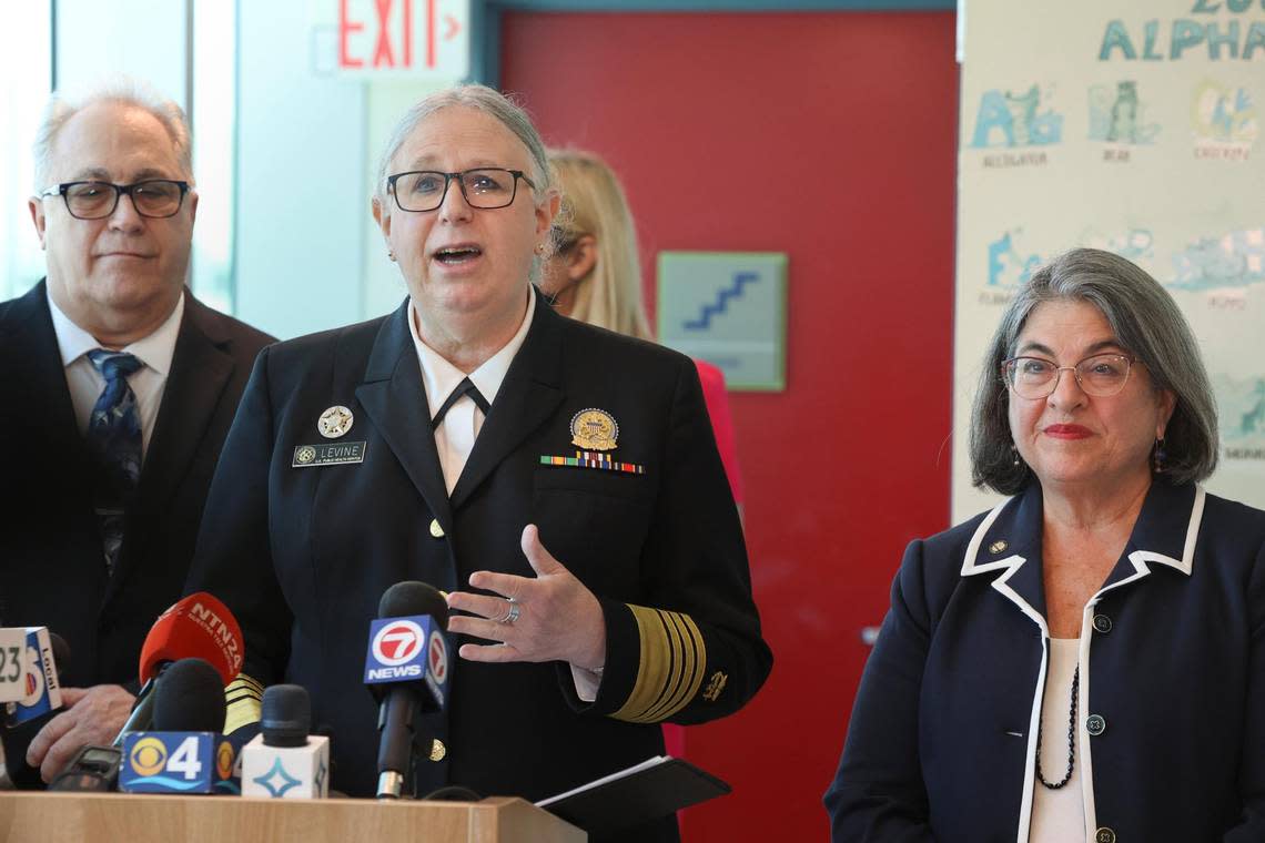Admiral Rachel Levine, assistant secretary for health at the U.S. Department of Health and Human Services, speaks during a drive to vaccinate children younger than 5 against COVID-19 on Tuesday, June 28, 2022, at Borinquen Health Care Center in Miami. Miami-Dade Mayor Daniella Levine Cava is to her right.