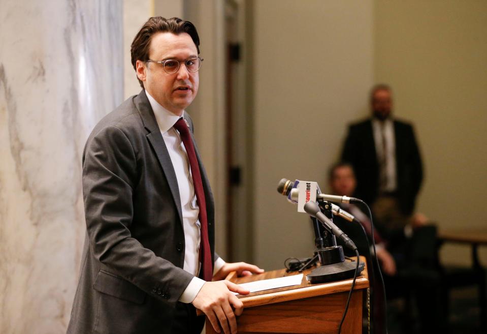 Senate Minority Floor Leader John Rizzo speaks at a press conference at the Missouri State Capitol Building on Thursday, Jan. 4, 2024.