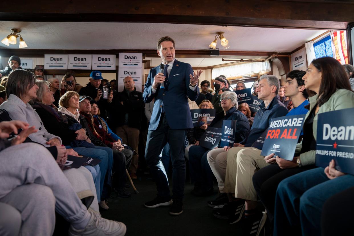 Democratic presidential candidate Dean Phillips speaks at The Old Salt Restaurant in Hampton, NH, on Sunday, January 21, 2024, during preparations for The New Hampshire presidential primary.